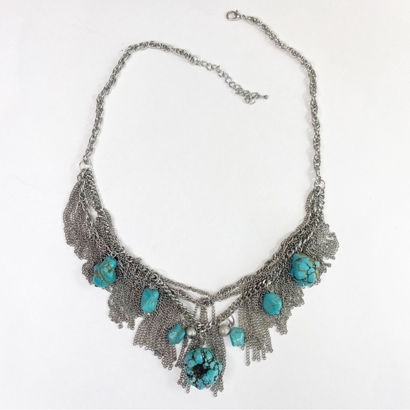 Silver Tone Turquoise Chunky Fringe Boho Necklace - Picture 2 of 11